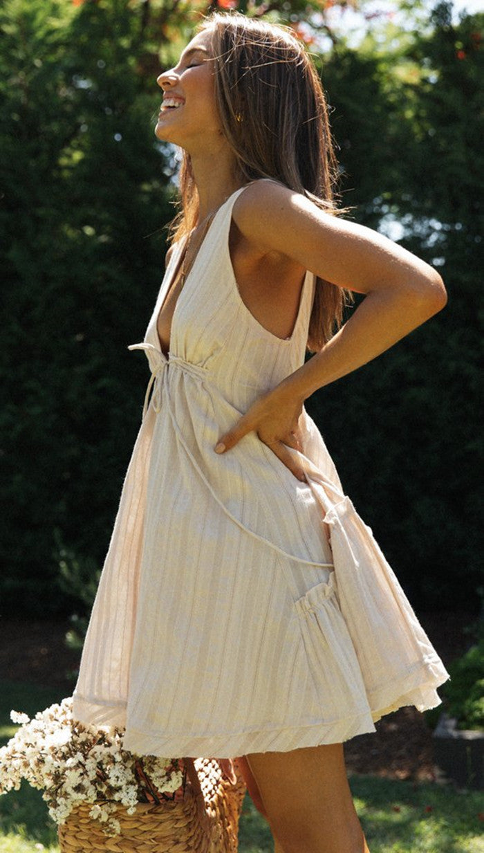 Boho Chic Striped Mini Dress VNeck Sleeveless Asymmetric Hem Vacation Outfit