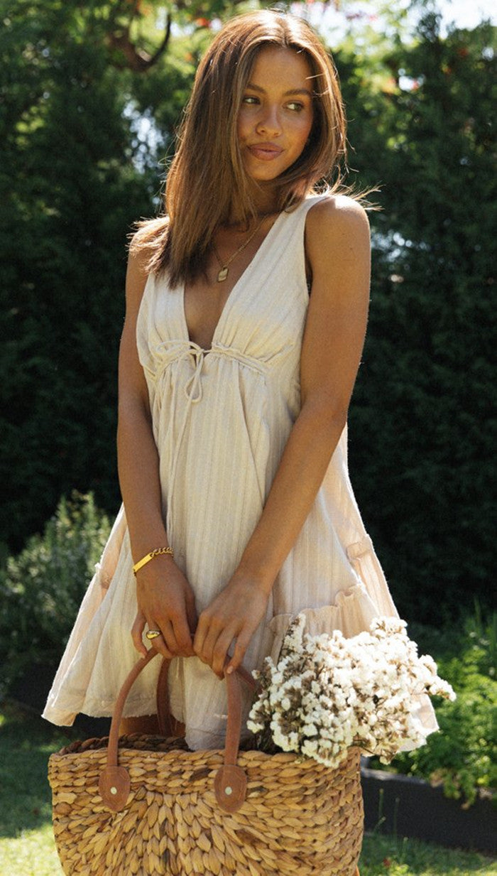 Boho Chic Striped Mini Dress VNeck Sleeveless Asymmetric Hem Vacation Outfit