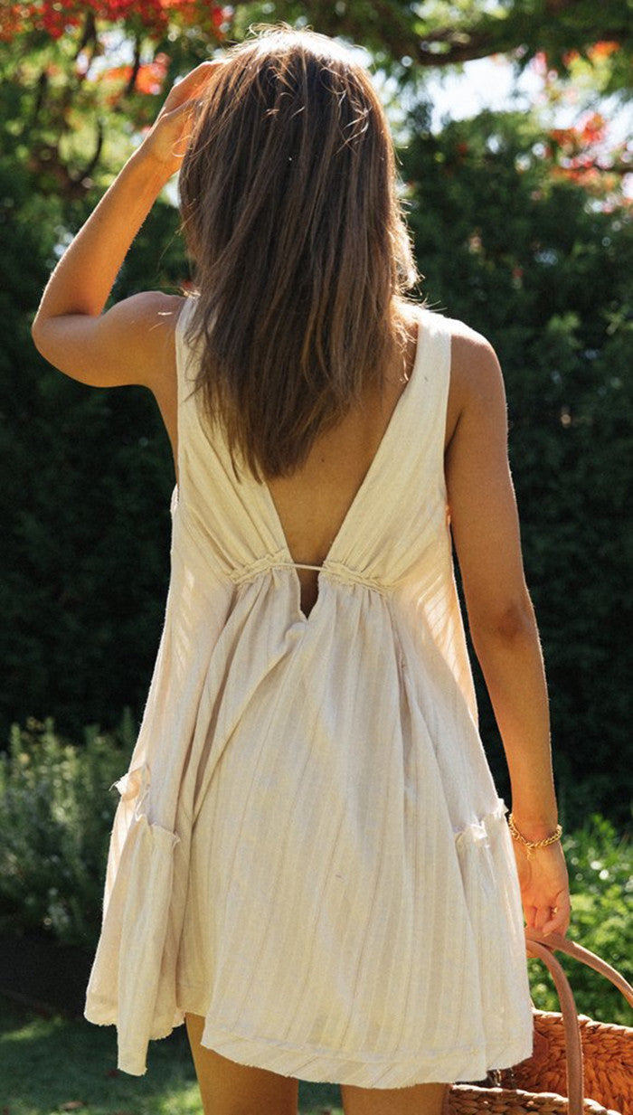 Boho Chic Striped Mini Dress VNeck Sleeveless Asymmetric Hem Vacation Outfit