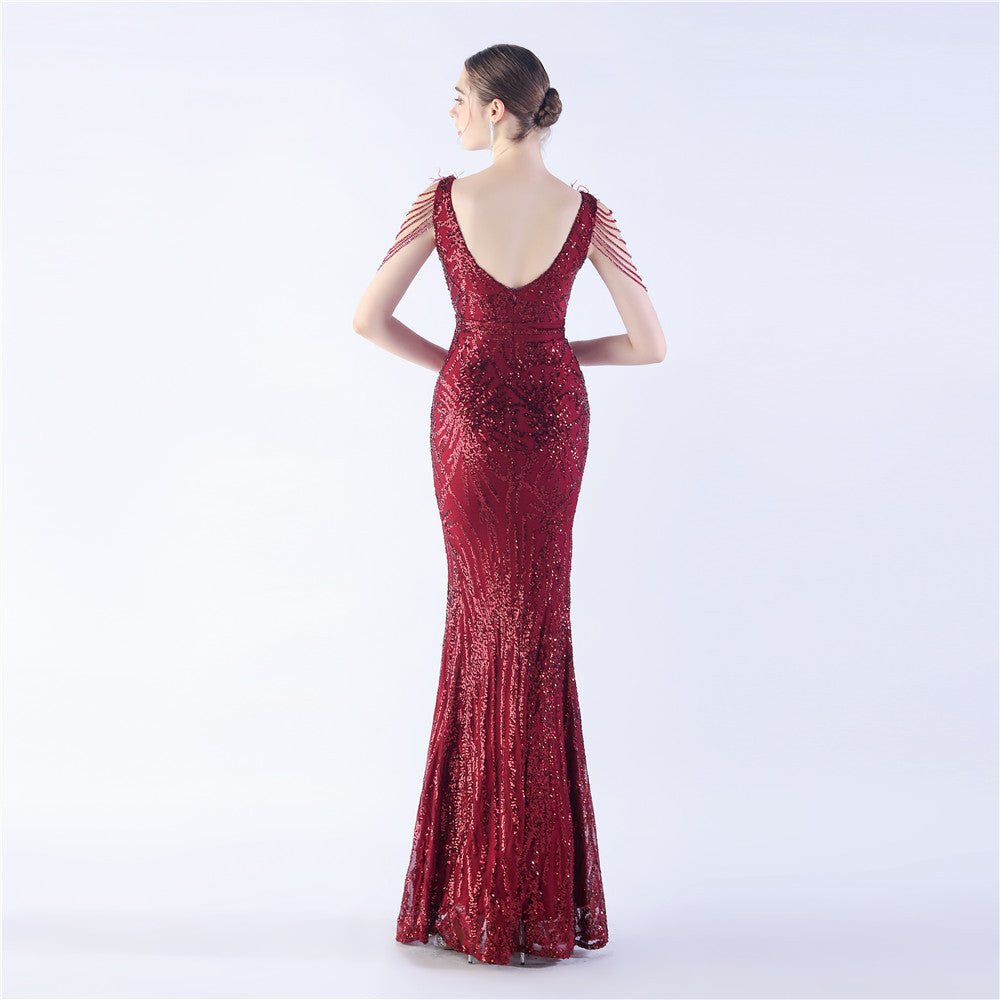 Maxi Dress with Ostrich Feathers and Sequins for Evening Events
