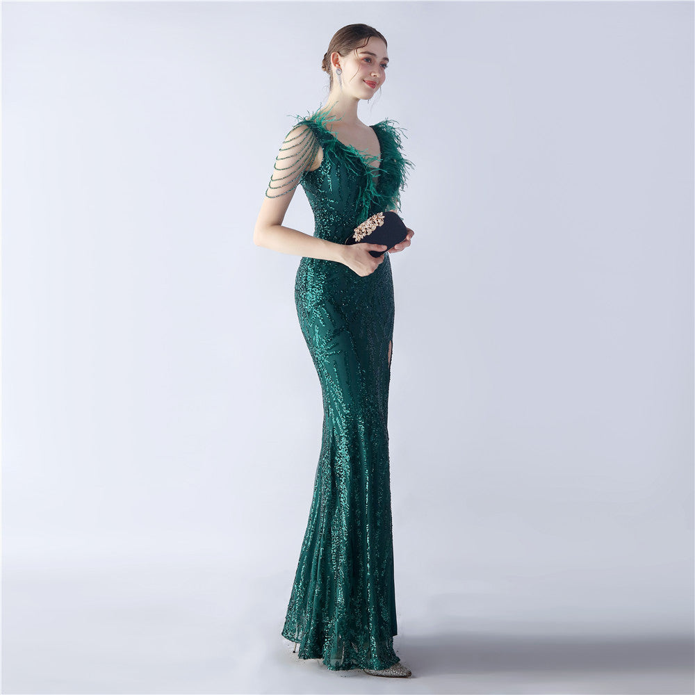 Maxi Dress with Ostrich Feathers and Sequins for Evening Events