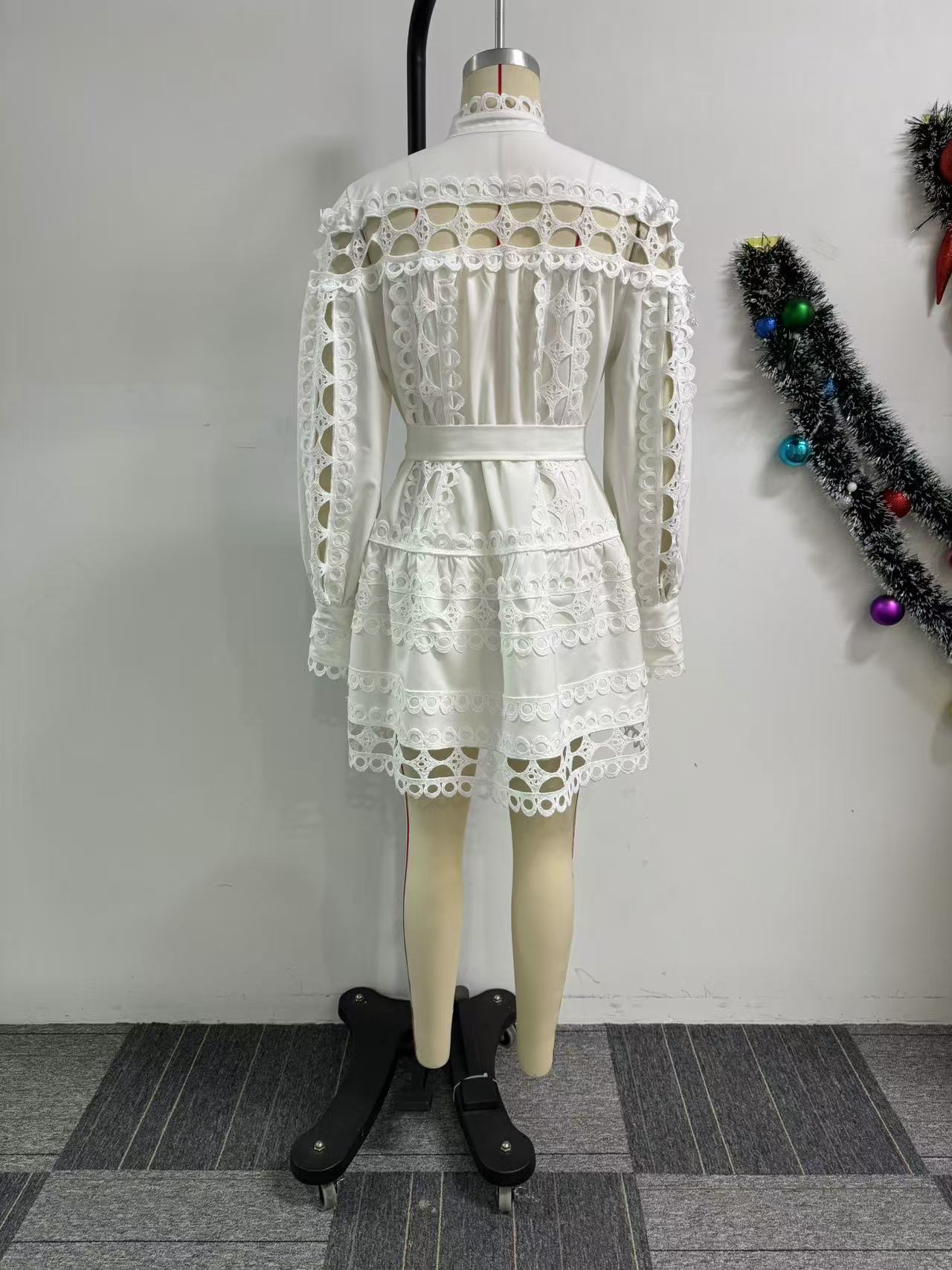 Lace Cutout Dress for Women Stand Collar Long Sleeve Style Chic Look