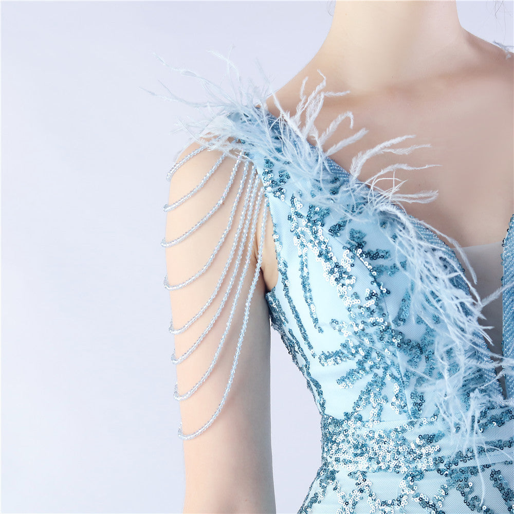 Maxi Dress with Ostrich Feathers and Sequins for Evening Events