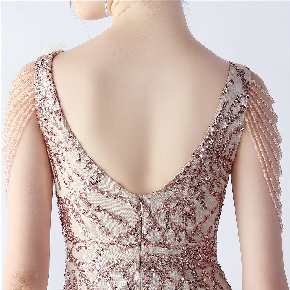 Maxi Dress with Ostrich Feathers and Sequins for Evening Events