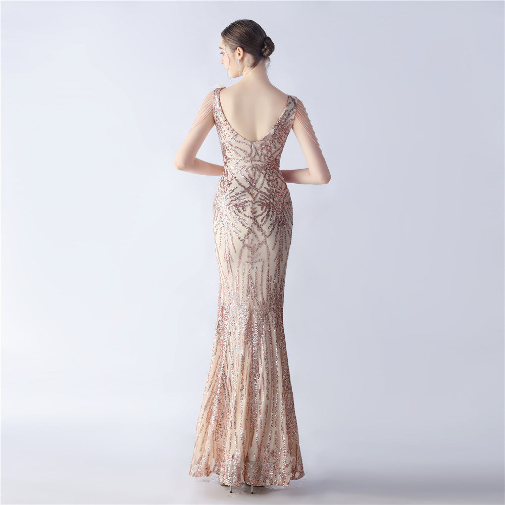 Maxi Dress with Ostrich Feathers and Sequins for Evening Events