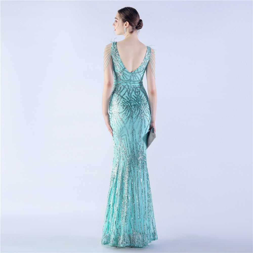 Maxi Dress with Ostrich Feathers and Sequins for Evening Events