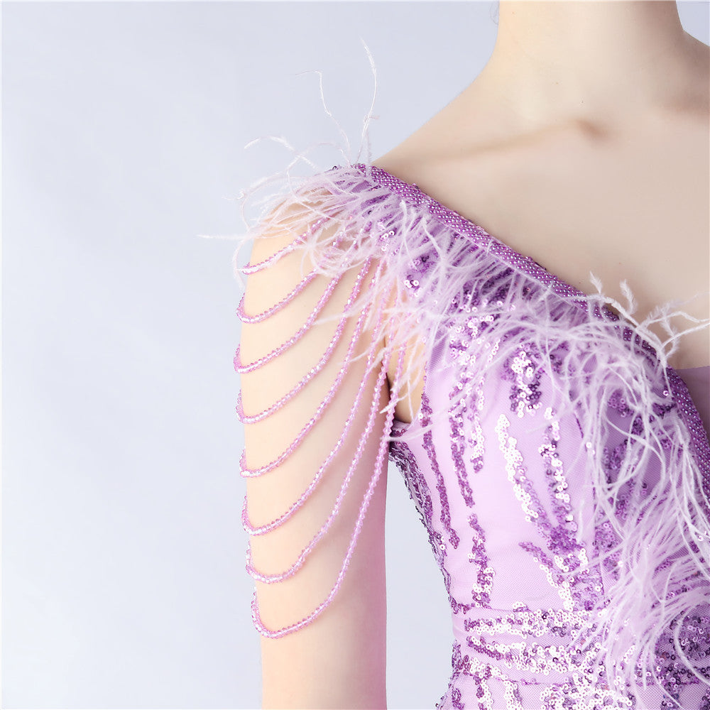 Maxi Dress with Ostrich Feathers and Sequins for Evening Events