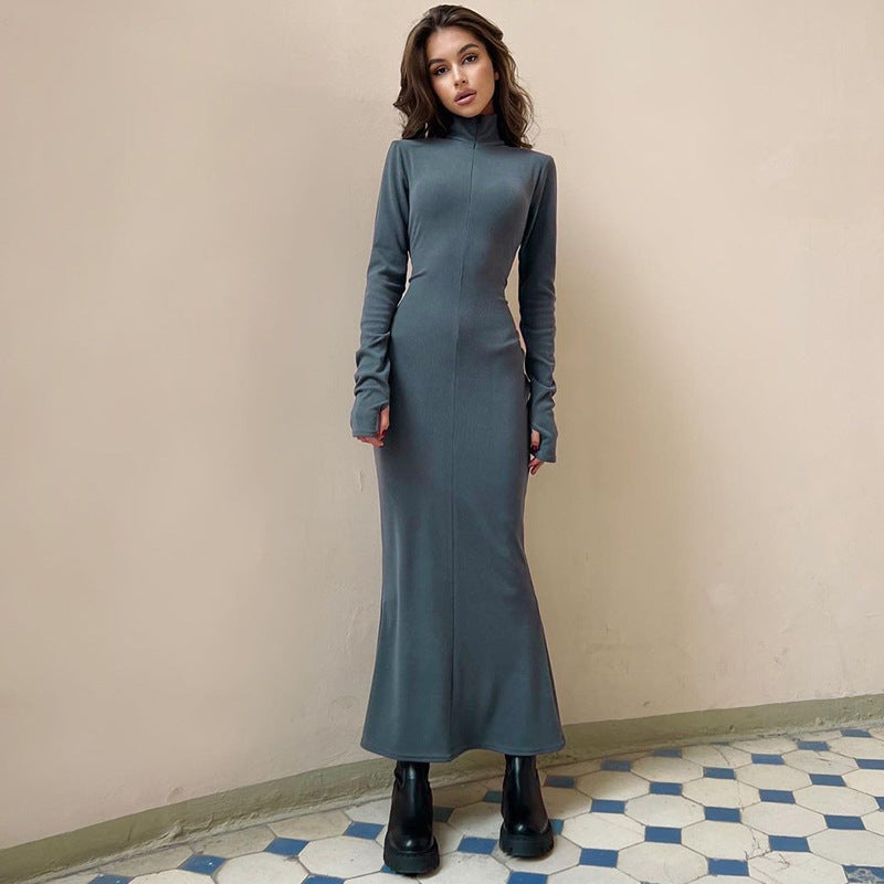 Winter Maxi Dress for Women Chic Long Sleeve Turtleneck Dress Solid Color Style