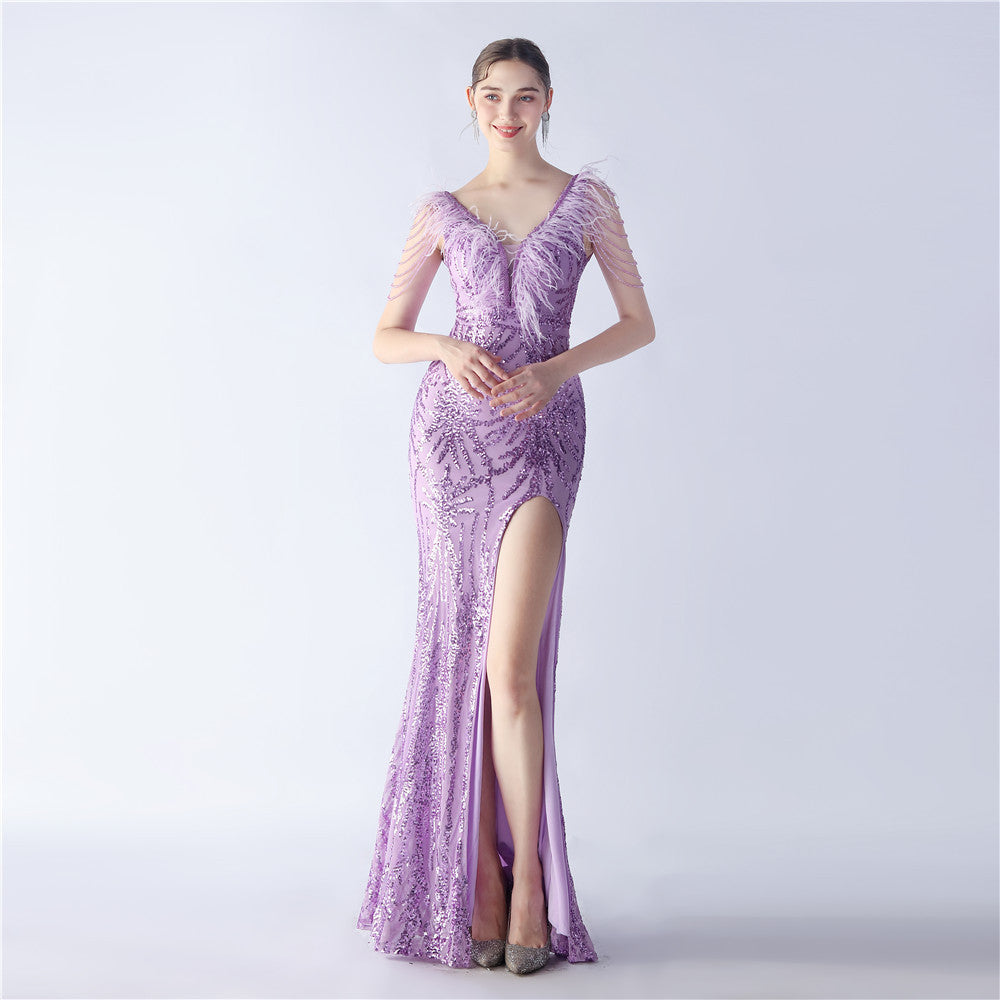 Maxi Dress with Ostrich Feathers and Sequins for Evening Events