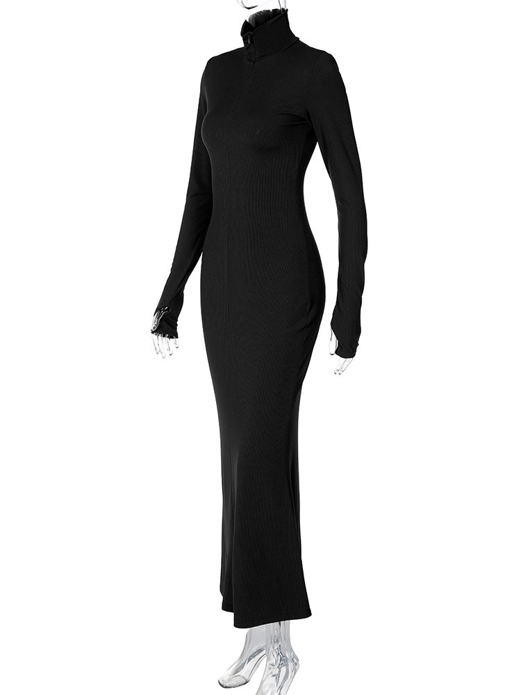 Winter Maxi Dress for Women Chic Long Sleeve Turtleneck Dress Solid Color Style