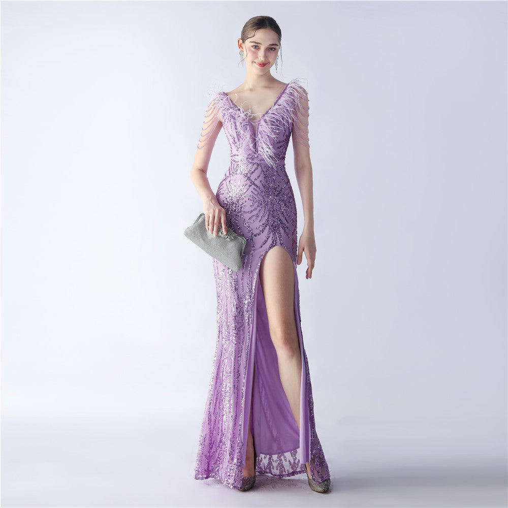 Maxi Dress with Ostrich Feathers and Sequins for Evening Events