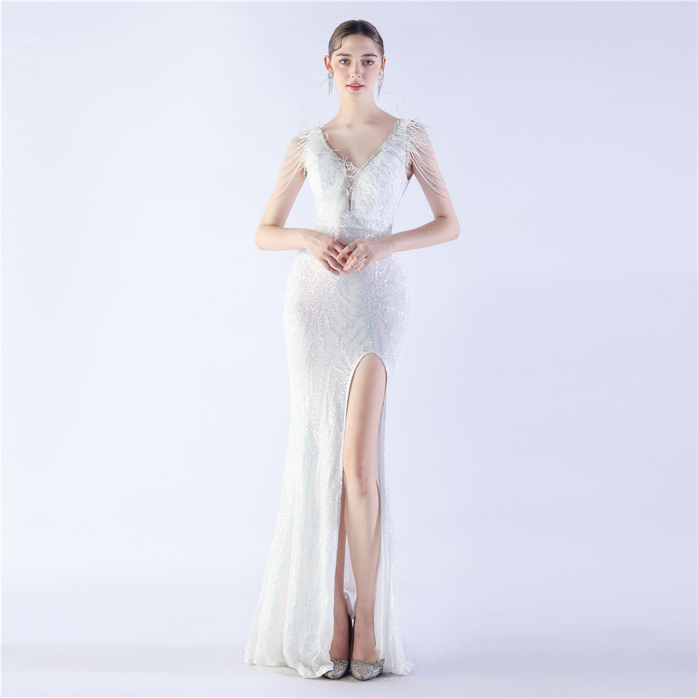Maxi Dress with Ostrich Feathers and Sequins for Evening Events