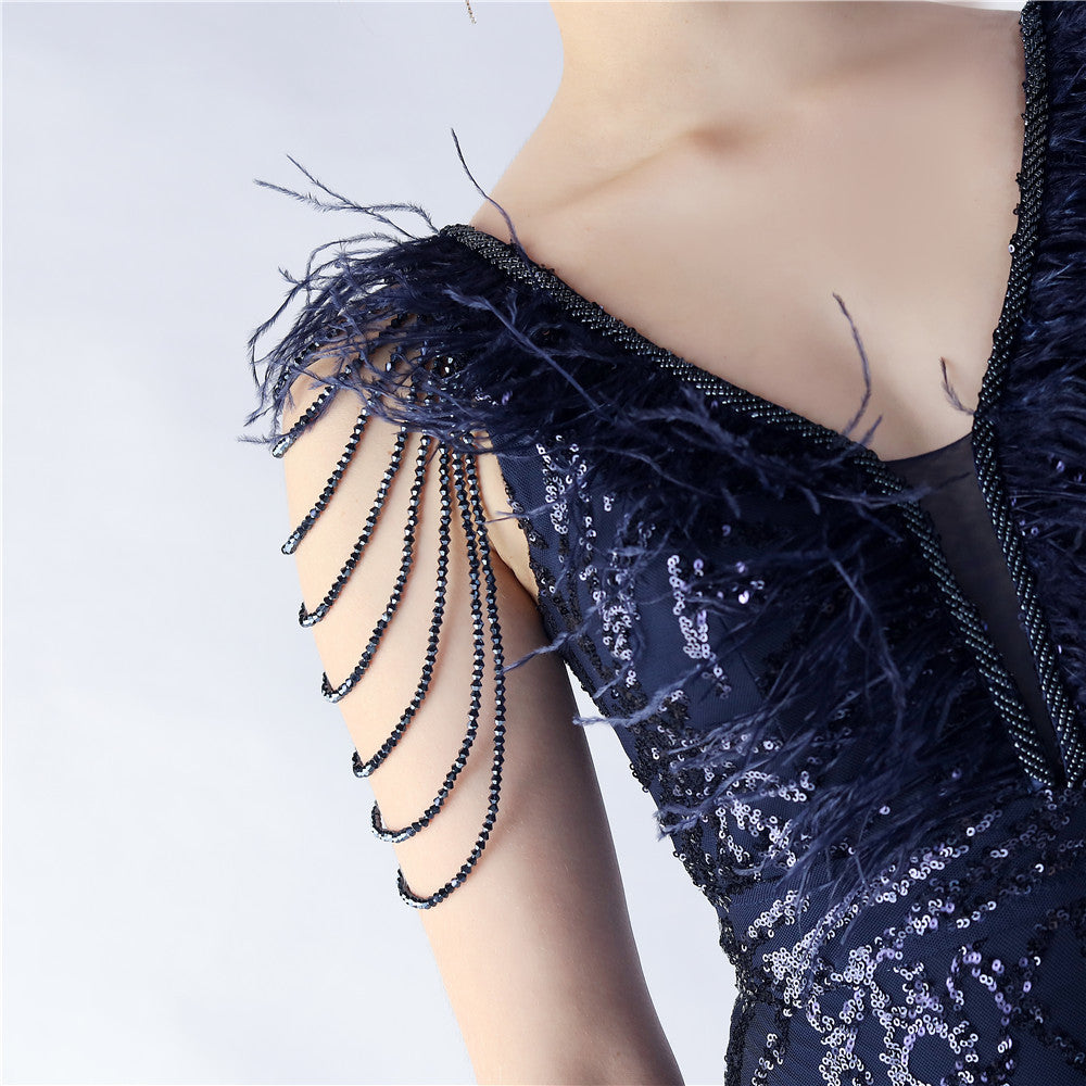 Maxi Dress with Ostrich Feathers and Sequins for Evening Events