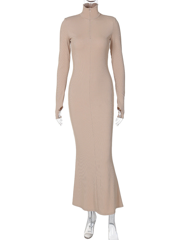 Winter Maxi Dress for Women Chic Long Sleeve Turtleneck Dress Solid Color Style