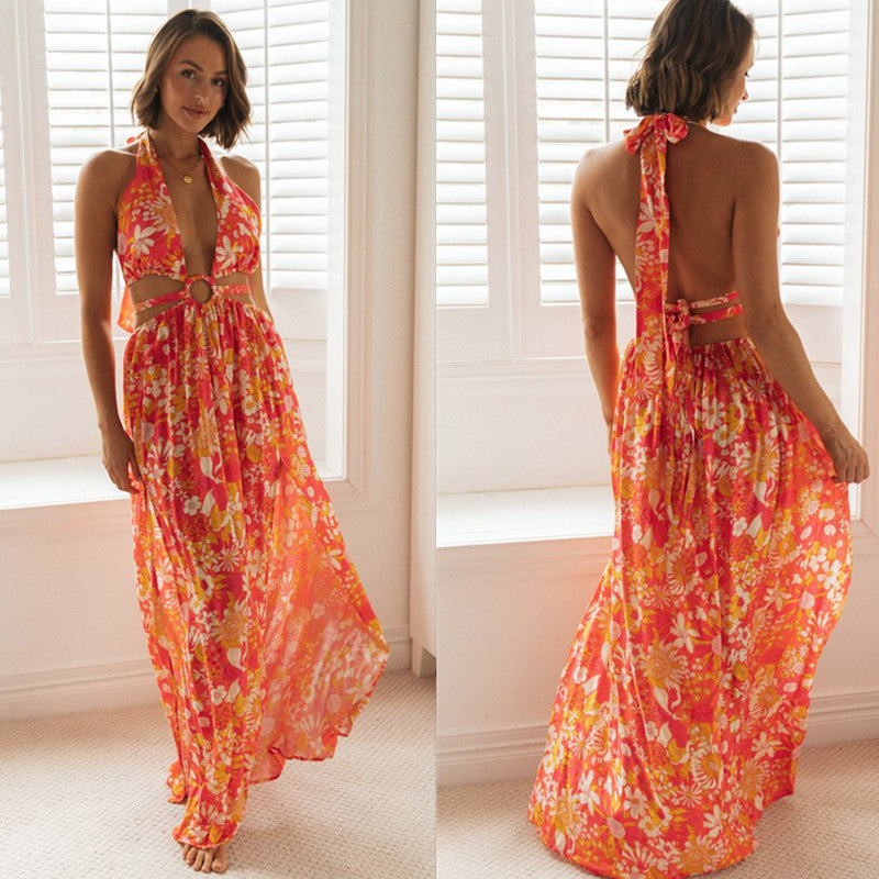 Bohemian Floral Maxi Dress with V Neck and Sleeveless Design Perfect for Vacation