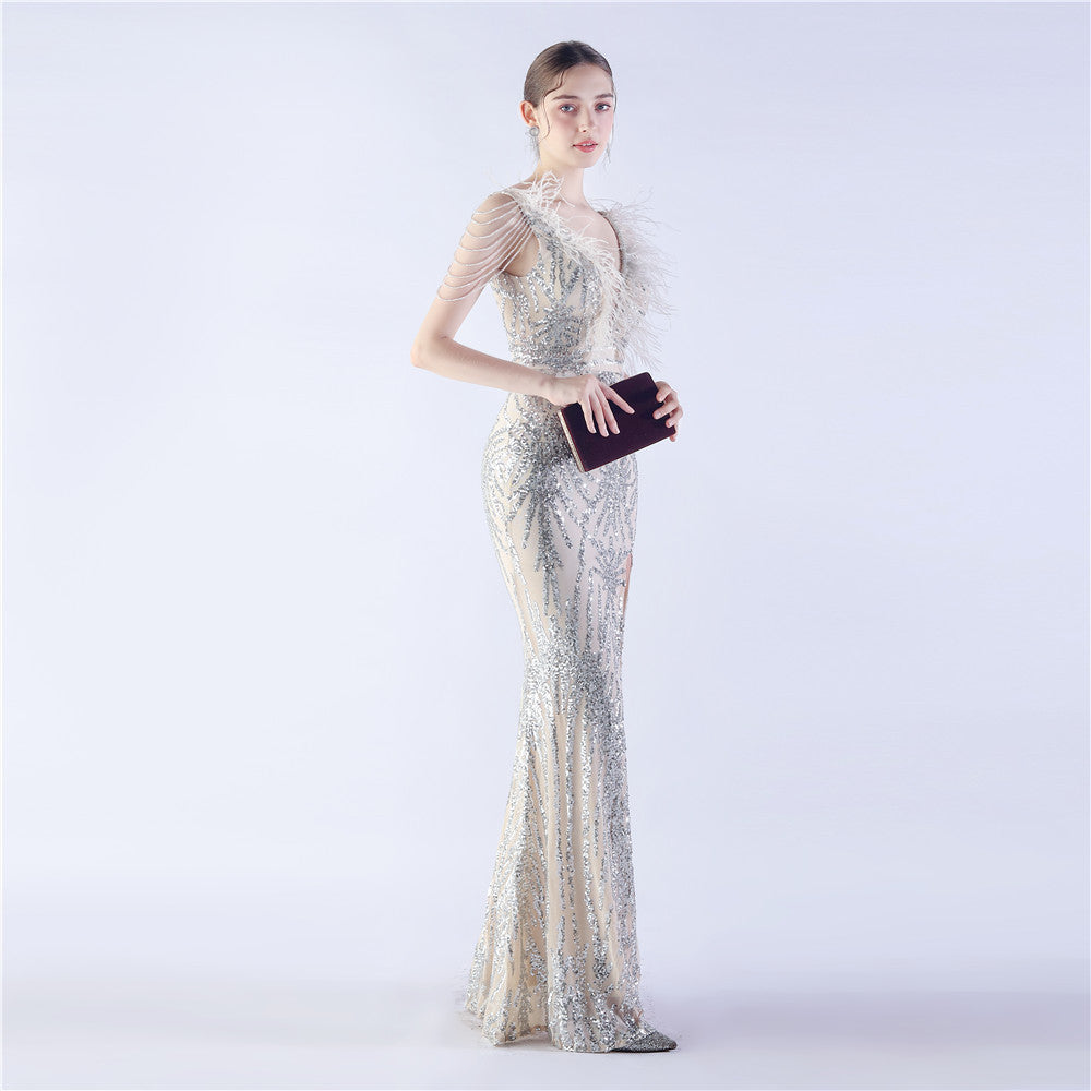 Maxi Dress with Ostrich Feathers and Sequins for Evening Events