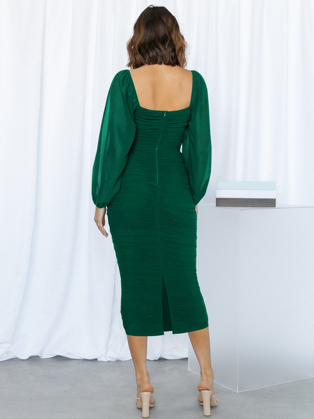 Elegant Square Neck Bodycon Dress with Lace Detailing and Long Sleeves for Special Occasions Bridesmaid Dresses