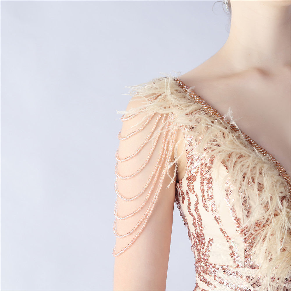 Maxi Dress with Ostrich Feathers and Sequins for Evening Events