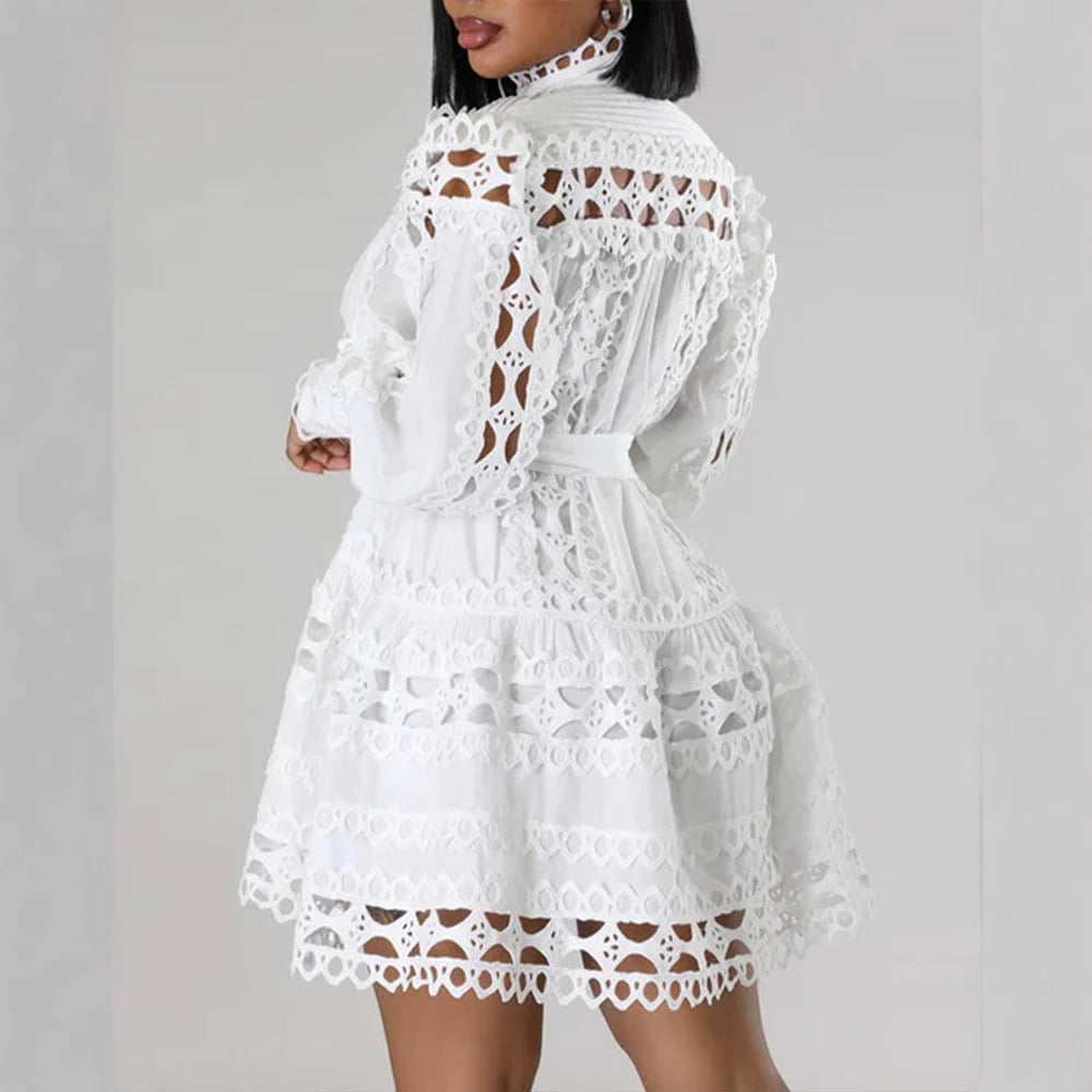 Lace Cutout Dress for Women Stand Collar Long Sleeve Style Chic Look
