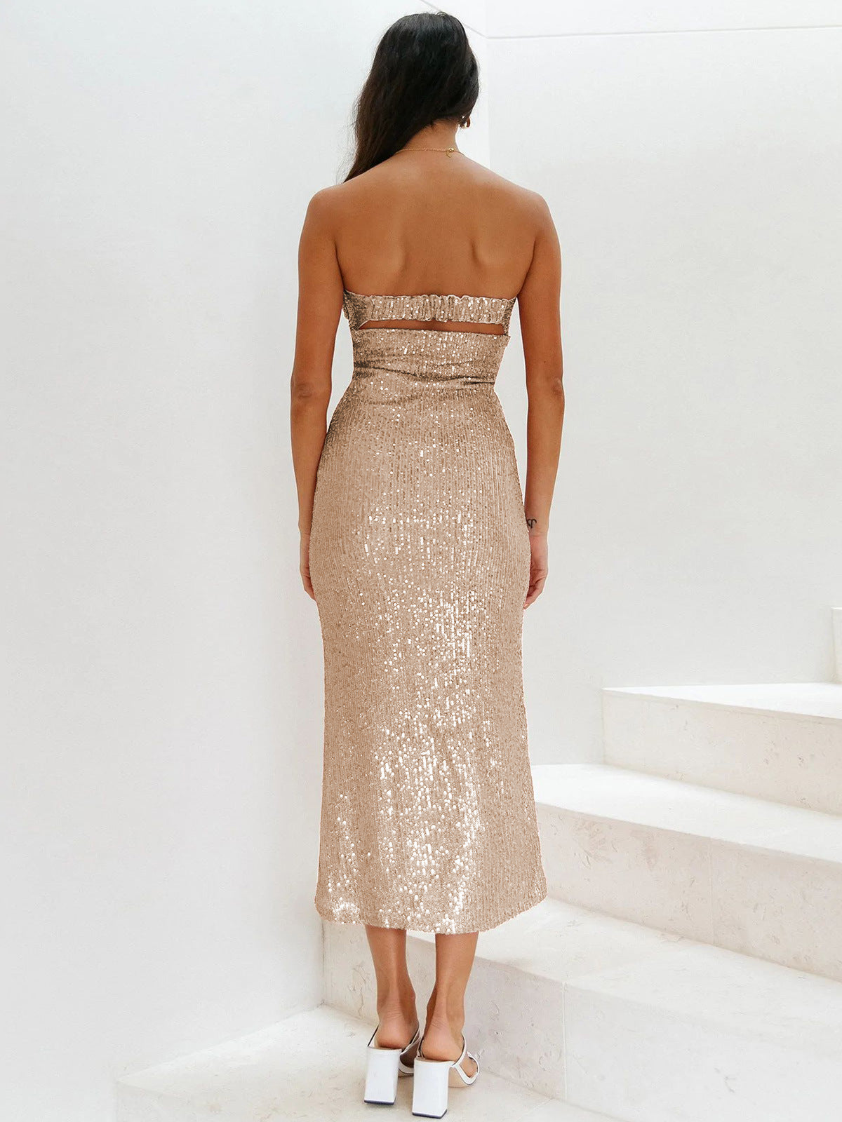 Elegant Sequin Maxi Dress for Weddings and Formal Events Stunning Cutout Design