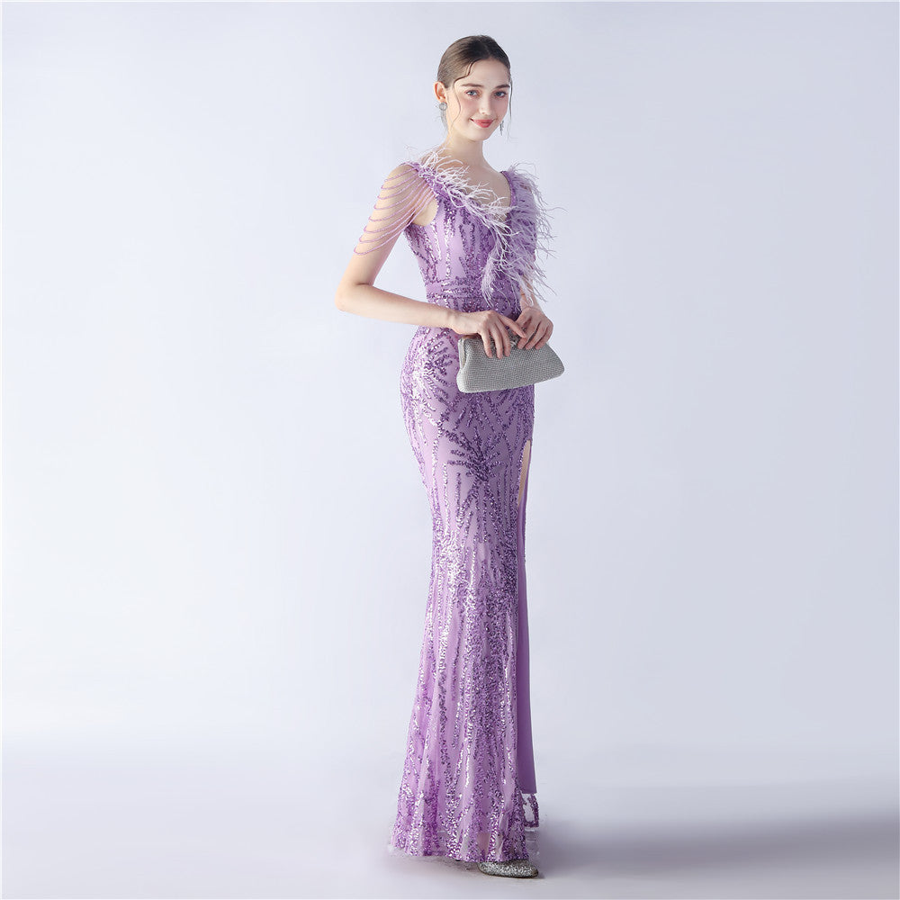 Maxi Dress with Ostrich Feathers and Sequins for Evening Events