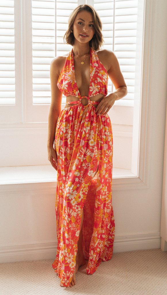 Bohemian Floral Maxi Dress with V Neck and Sleeveless Design Perfect for Vacation