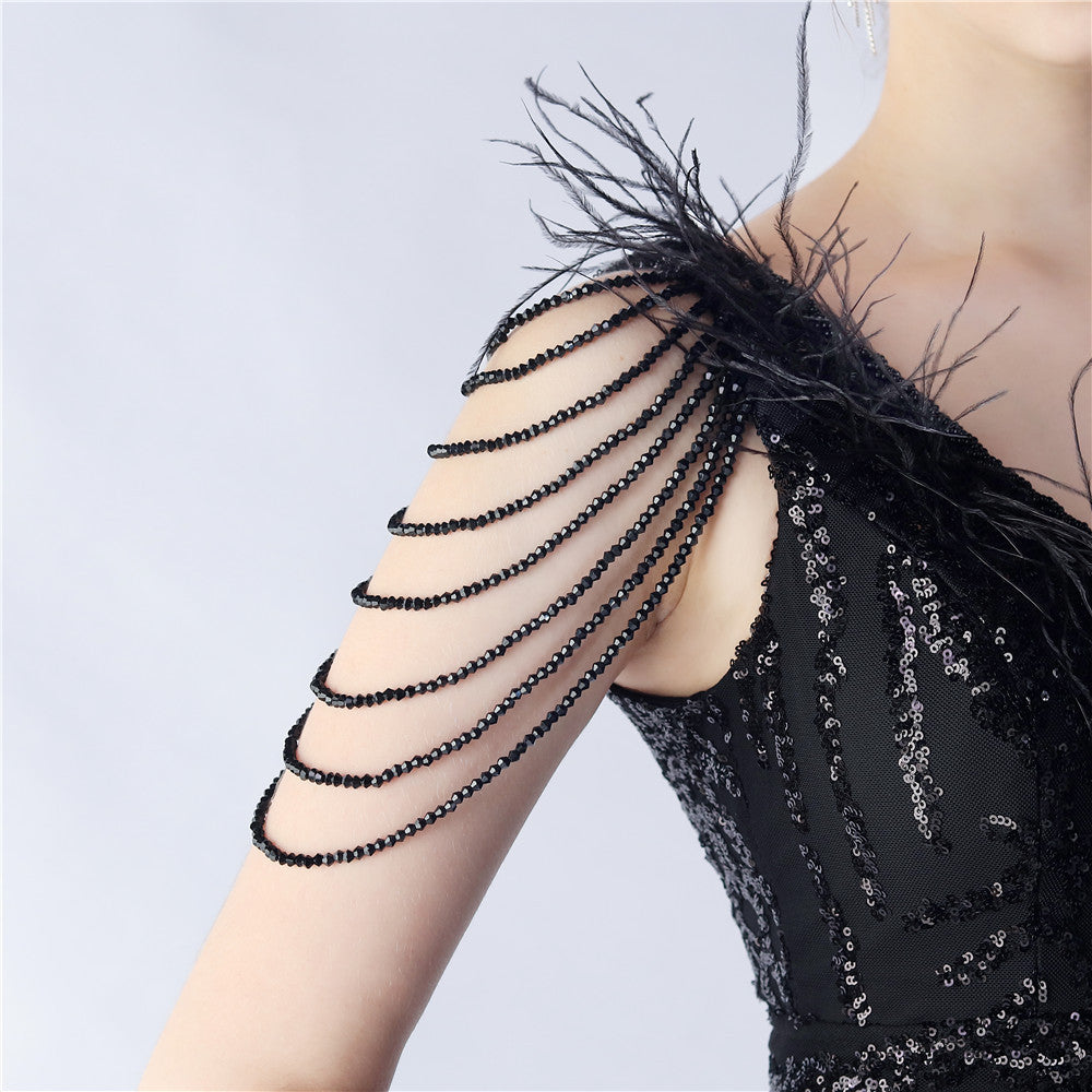 Maxi Dress with Ostrich Feathers and Sequins for Evening Events