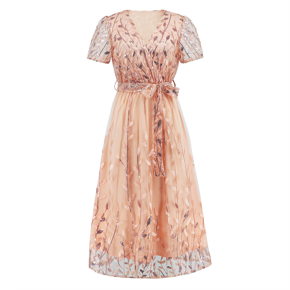 Maxi Dress for Women V Neck Short Sleeve Summer Dress Beach Wedding Guest