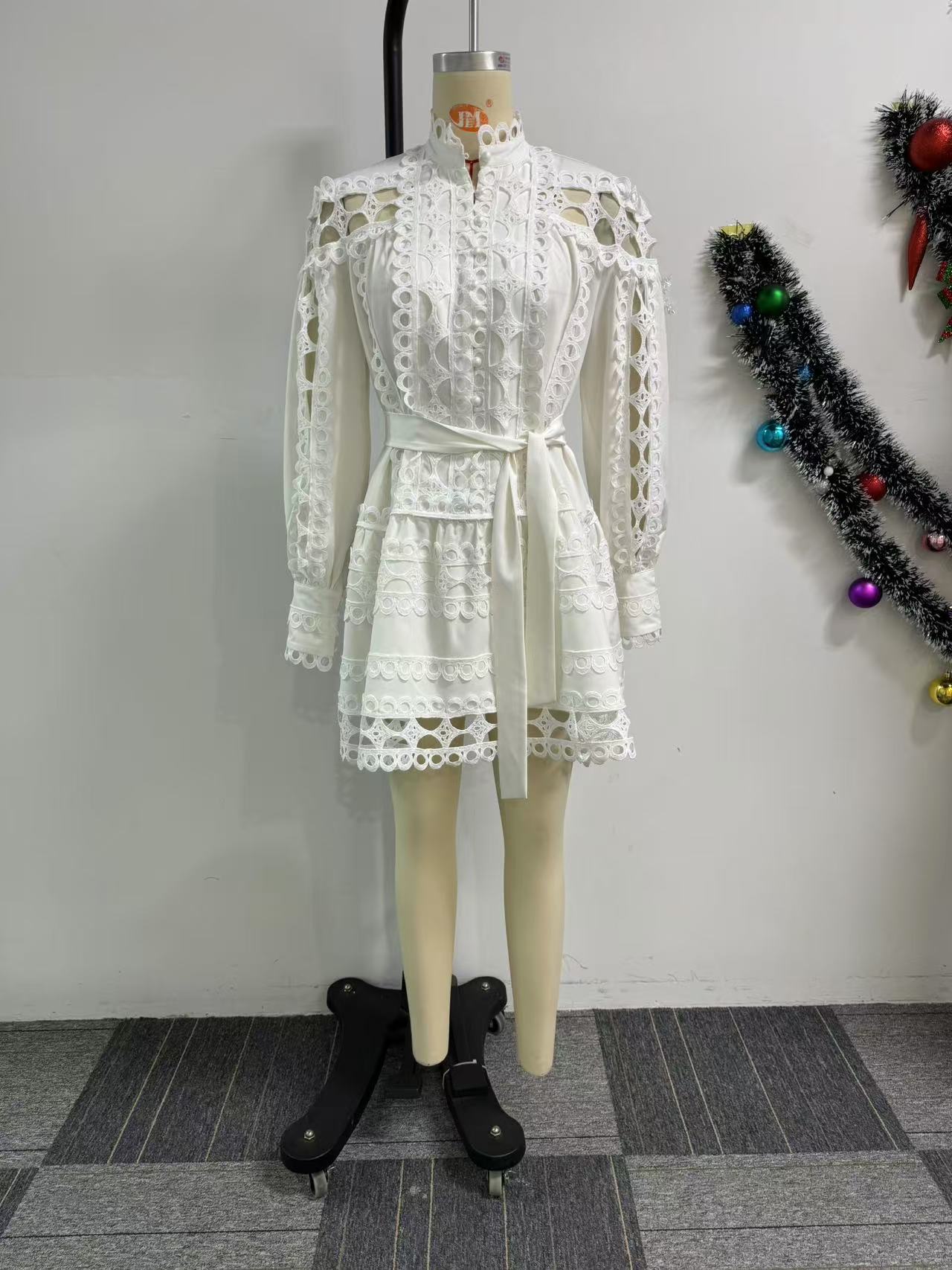 Lace Cutout Dress for Women Stand Collar Long Sleeve Style Chic Look
