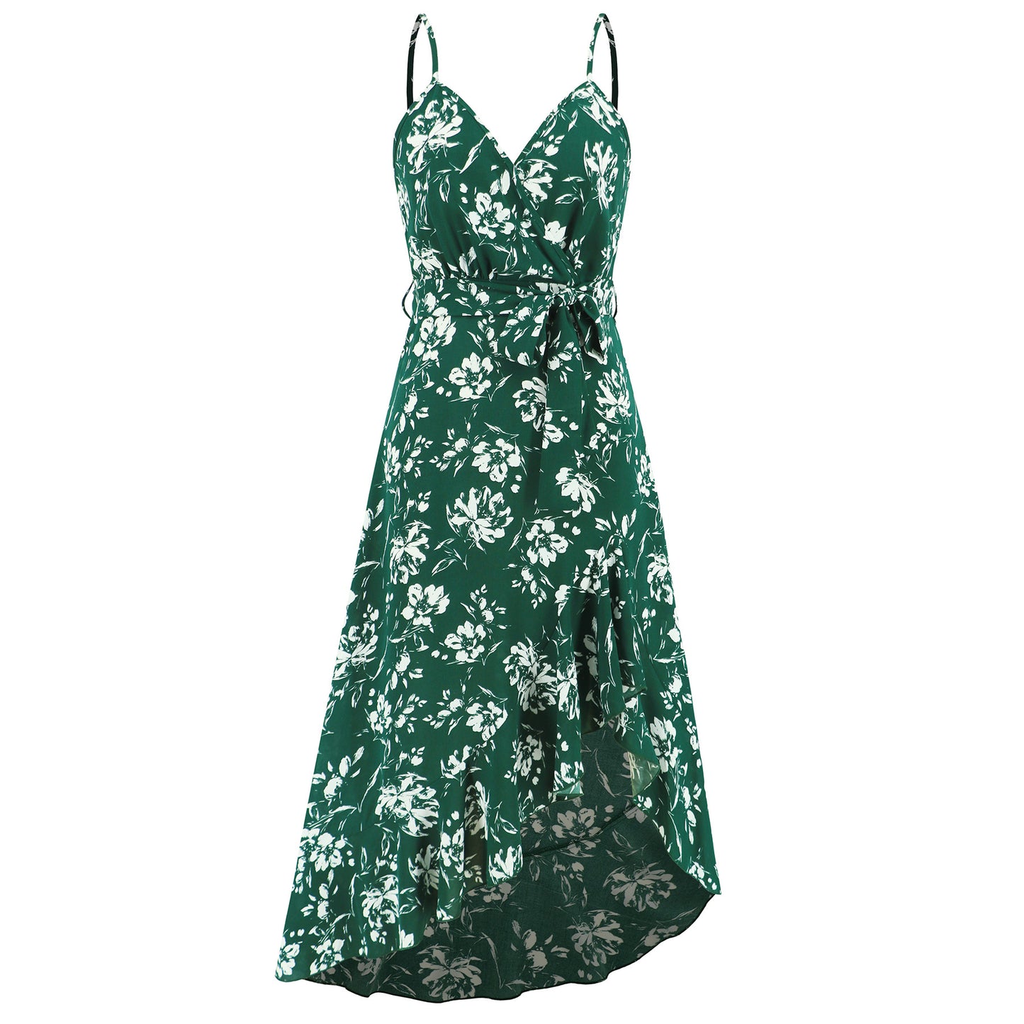 Asymmetrical Floral Mini Dress with Ruffles and Belt for a Summer Party Look Sexy Vacation Outfit