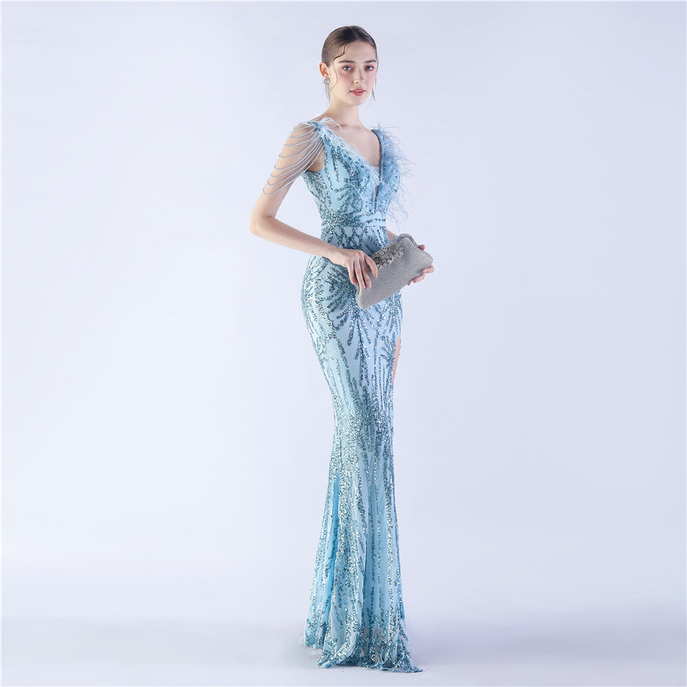 Maxi Dress with Ostrich Feathers and Sequins for Evening Events