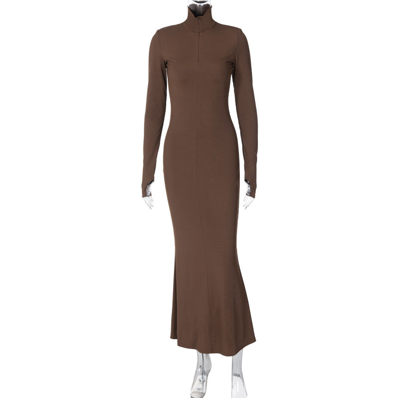 Winter Maxi Dress for Women Chic Long Sleeve Turtleneck Dress Solid Color Style