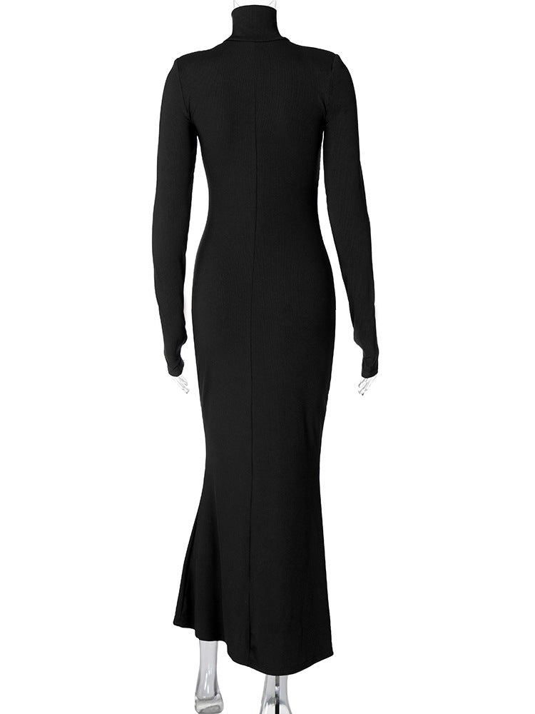 Winter Maxi Dress for Women Chic Long Sleeve Turtleneck Dress Solid Color Style