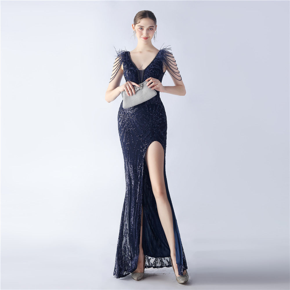 Maxi Dress with Ostrich Feathers and Sequins for Evening Events