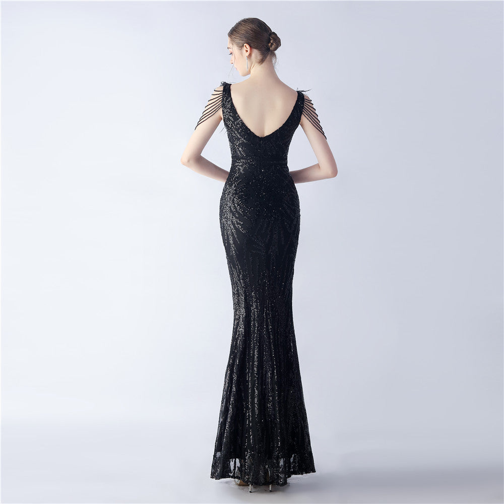 Maxi Dress with Ostrich Feathers and Sequins for Evening Events