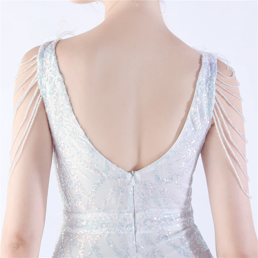 Maxi Dress with Ostrich Feathers and Sequins for Evening Events