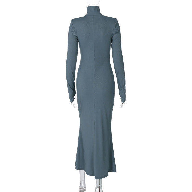 Winter Maxi Dress for Women Chic Long Sleeve Turtleneck Dress Solid Color Style