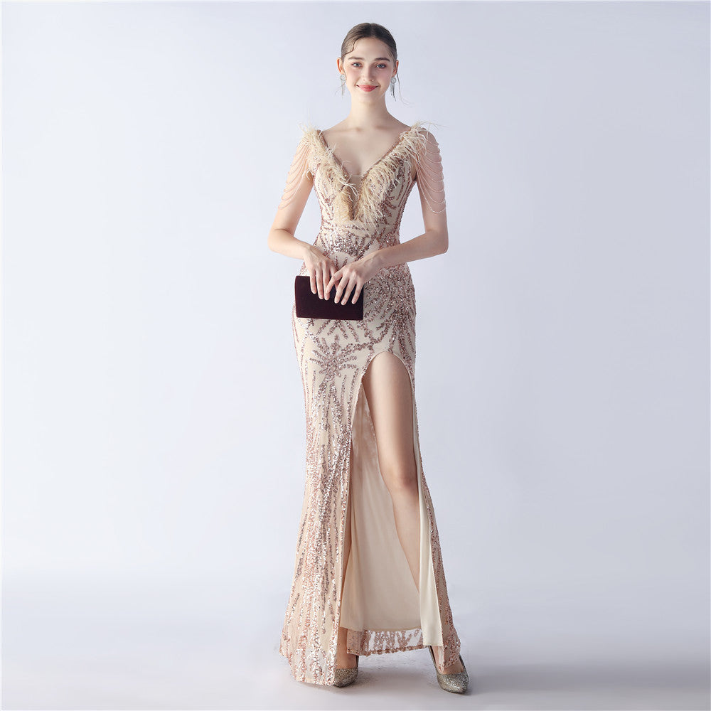 Maxi Dress with Ostrich Feathers and Sequins for Evening Events