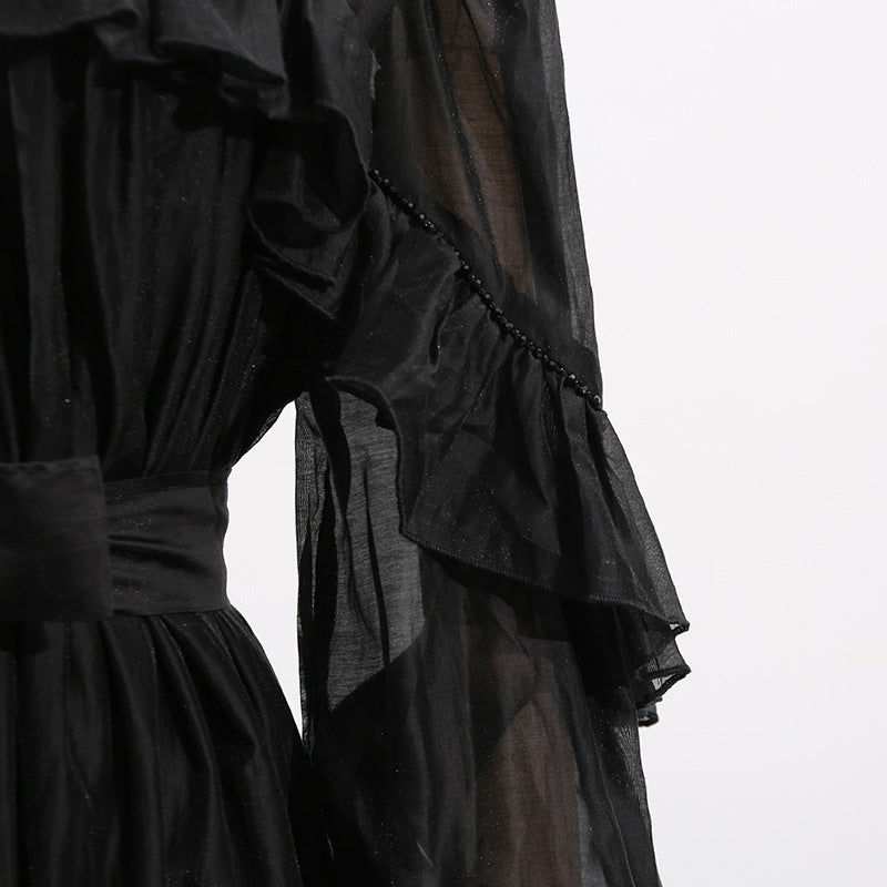 Elegant Asymmetrical Maxi Dress with a VNeck for Spring and Fall Occasions