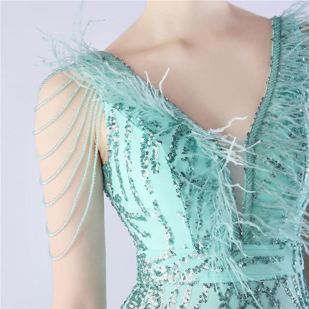 Maxi Dress with Ostrich Feathers and Sequins for Evening Events