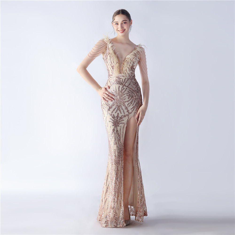 Maxi Dress with Ostrich Feathers and Sequins for Evening Events