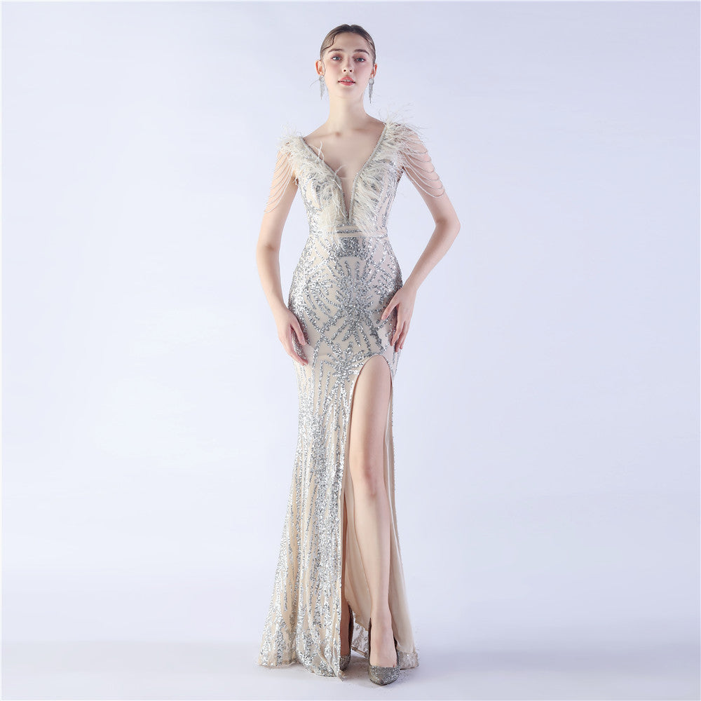 Maxi Dress with Ostrich Feathers and Sequins for Evening Events