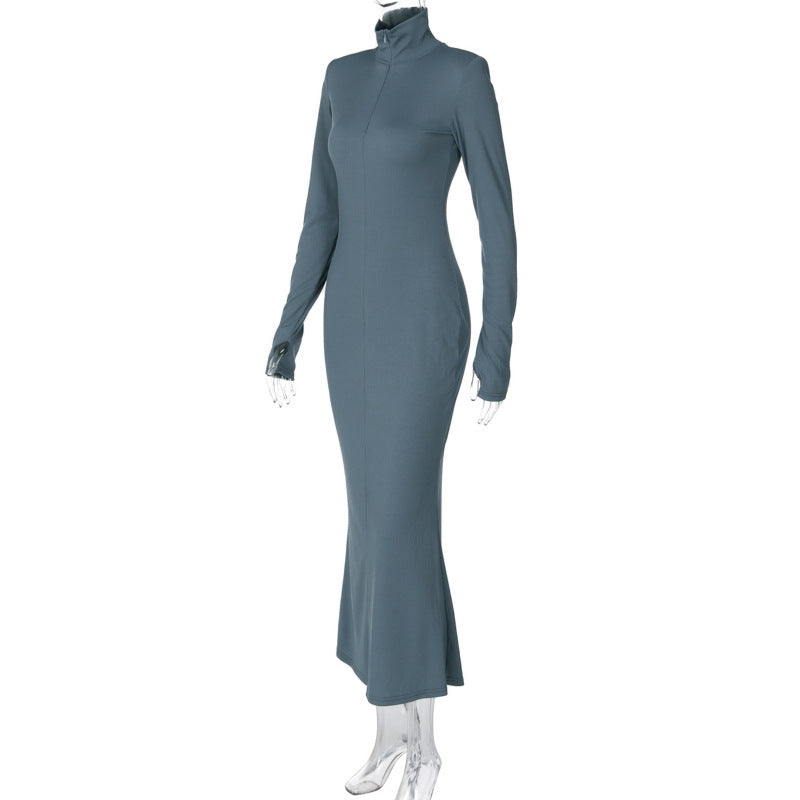 Winter Maxi Dress for Women Chic Long Sleeve Turtleneck Dress Solid Color Style