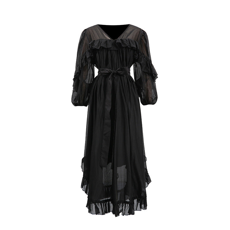 Elegant Asymmetrical Maxi Dress with a VNeck for Spring and Fall Occasions