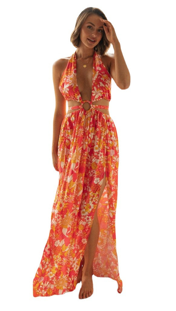 Bohemian Floral Maxi Dress with V Neck and Sleeveless Design Perfect for Vacation