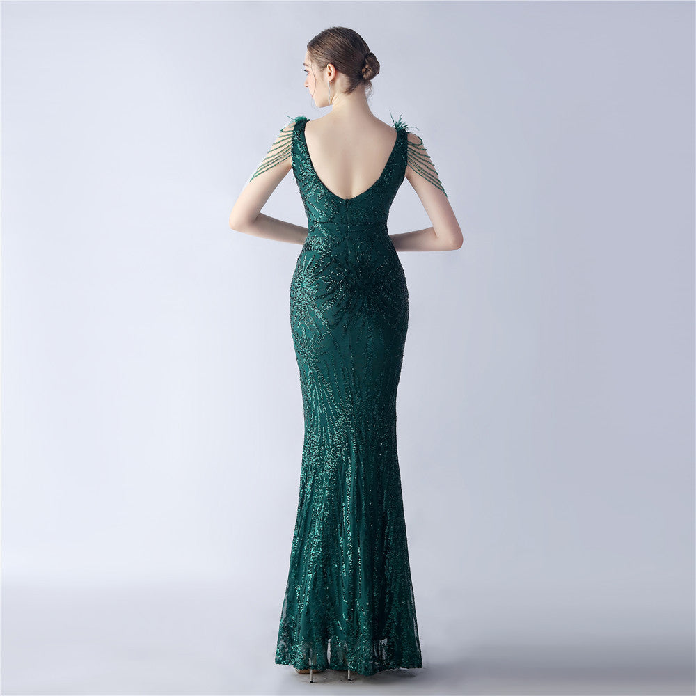 Maxi Dress with Ostrich Feathers and Sequins for Evening Events