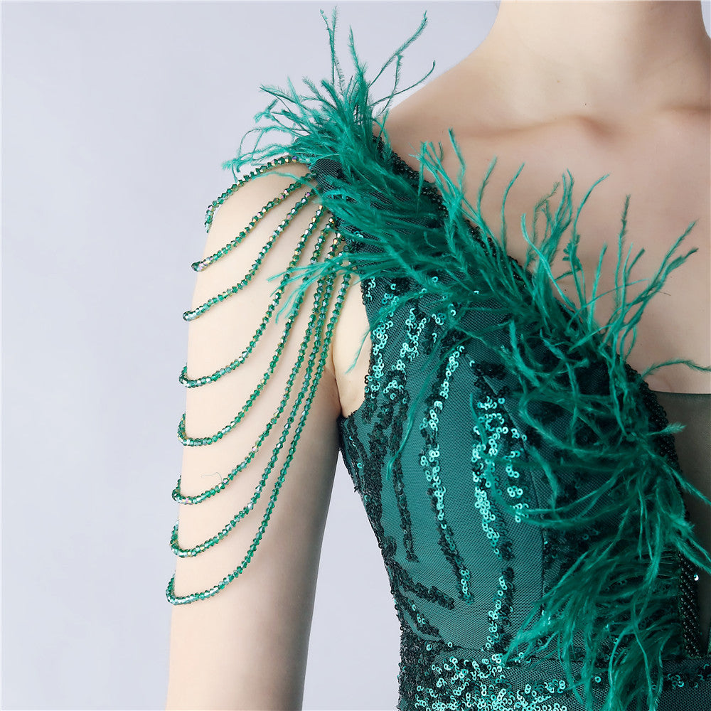 Maxi Dress with Ostrich Feathers and Sequins for Evening Events