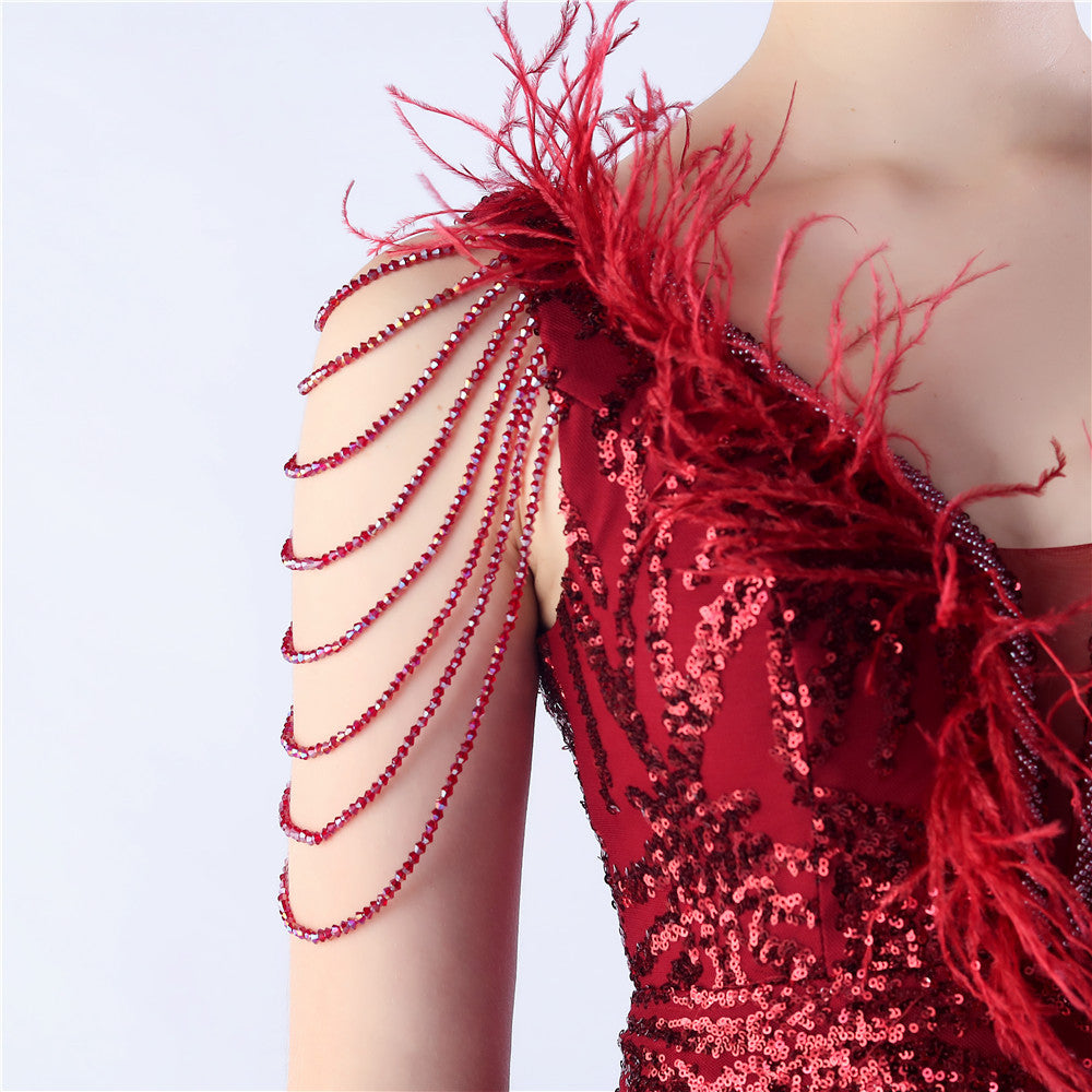 Maxi Dress with Ostrich Feathers and Sequins for Evening Events