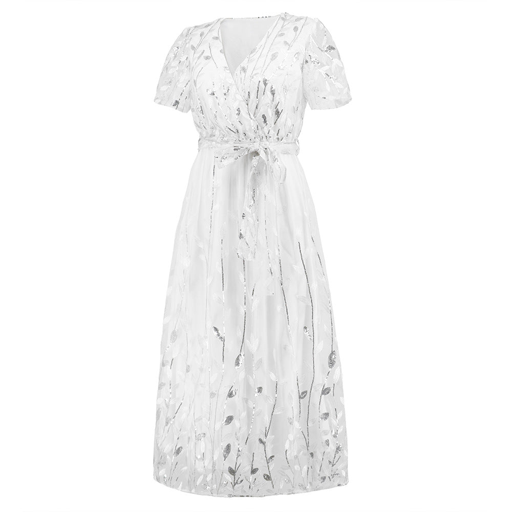 Maxi Dress for Women V Neck Short Sleeve Summer Dress Beach Wedding Guest