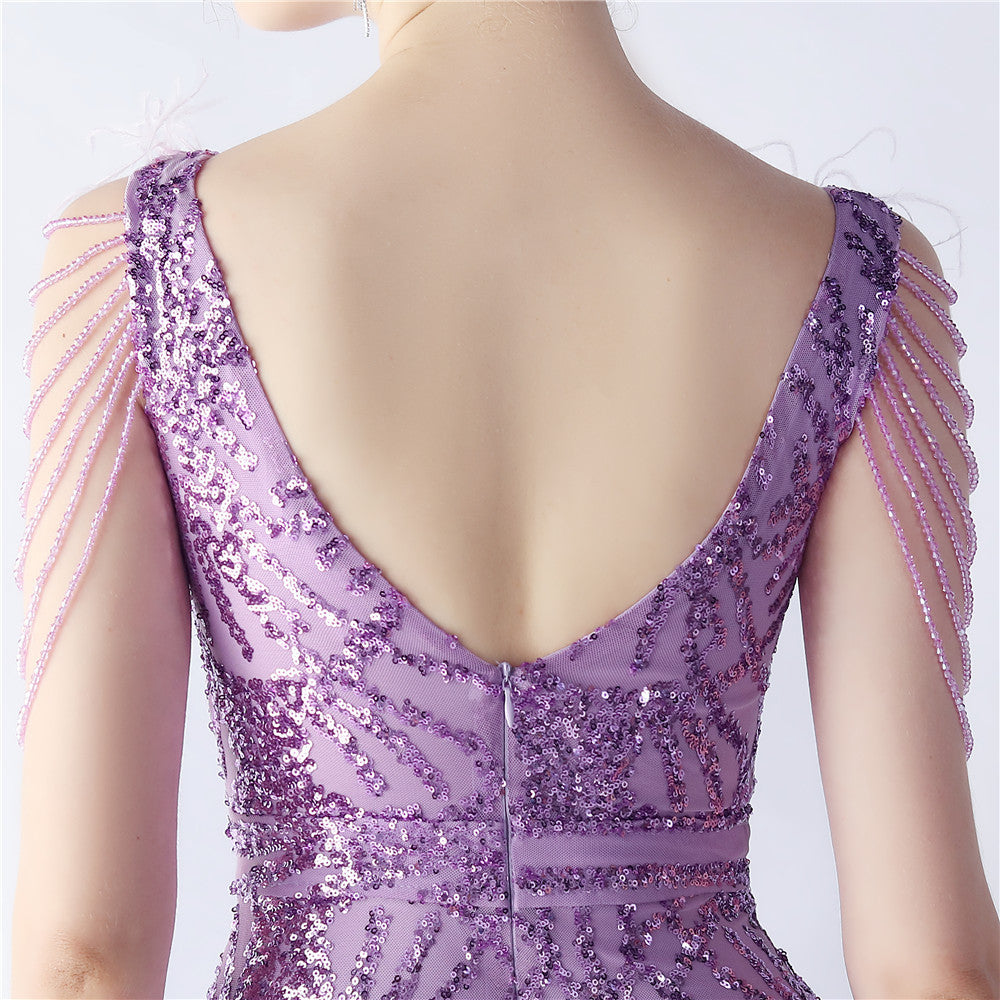 Maxi Dress with Ostrich Feathers and Sequins for Evening Events